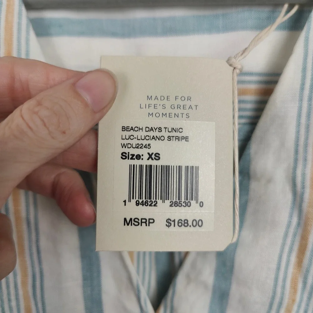 Faherty Beach Days Tunic‎ Top Womens XS Luc Luciano Stripe Linen V-Neck Dress - Picture 6 of 8